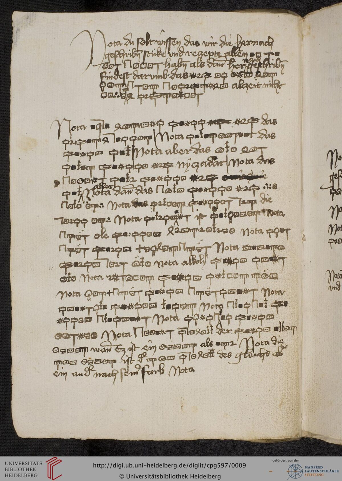 Heidelberg Cod. Pal. germ. 597, folio 5v, where ordinary German writing and cipher signs share a page.